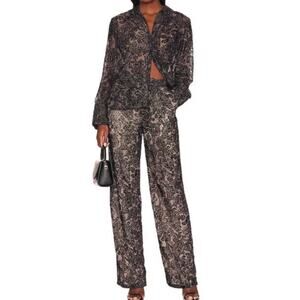 LPA Leo Velvet Burnout Set Top Blouse Trouser Pants Black Cream Size Medium